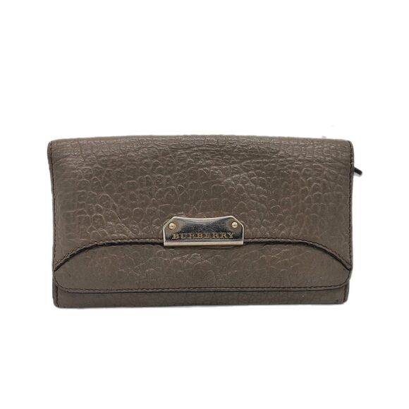 Burberry (Authentic) Sandstone Gray Pebble Leather Fold-over Vintage Long Wallet - Picture 1 of 11